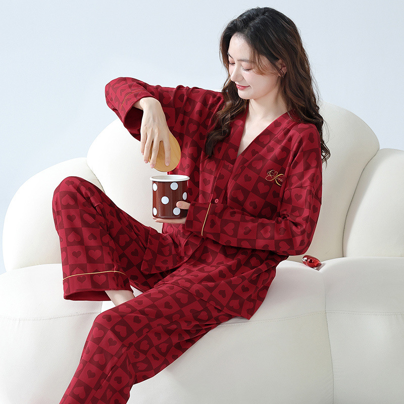 빨간 잠옷 여자 플러스 사이즈 결혼식 신혼 봄과 가을 느슨한 세트 겨울 가족 년 축제 사랑 홈 옷