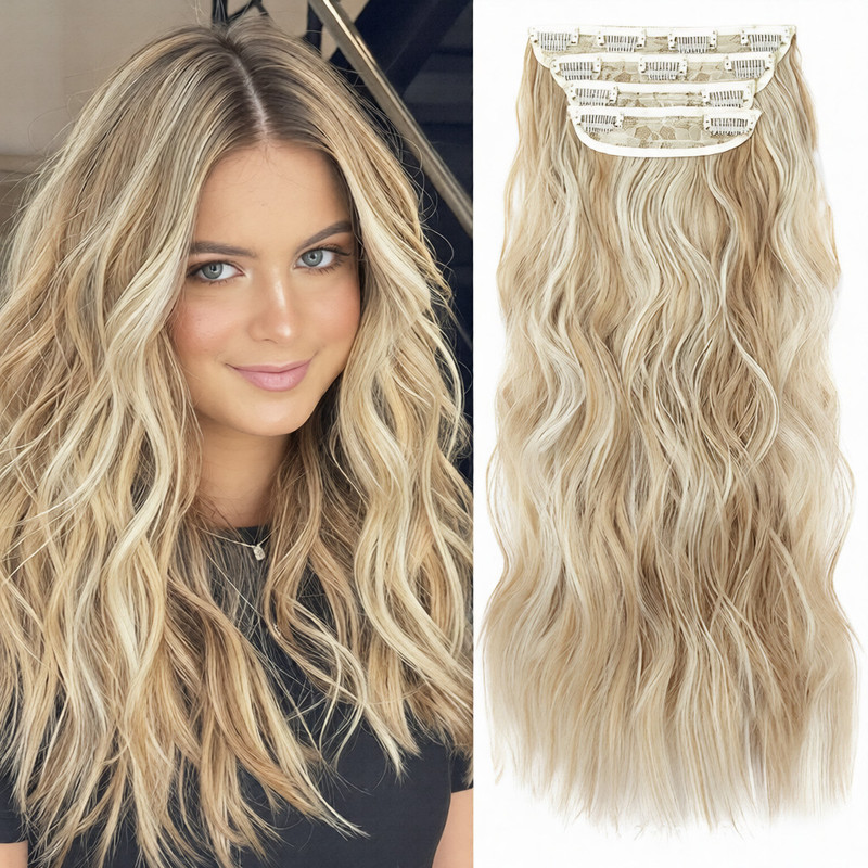 European and American Wigs 4-Piece Water Ripple Hair Extensions Four-Piece Set Clip Hair Bb Clip Hair Extensions Wig Pieces for Women with Long Curly Hair