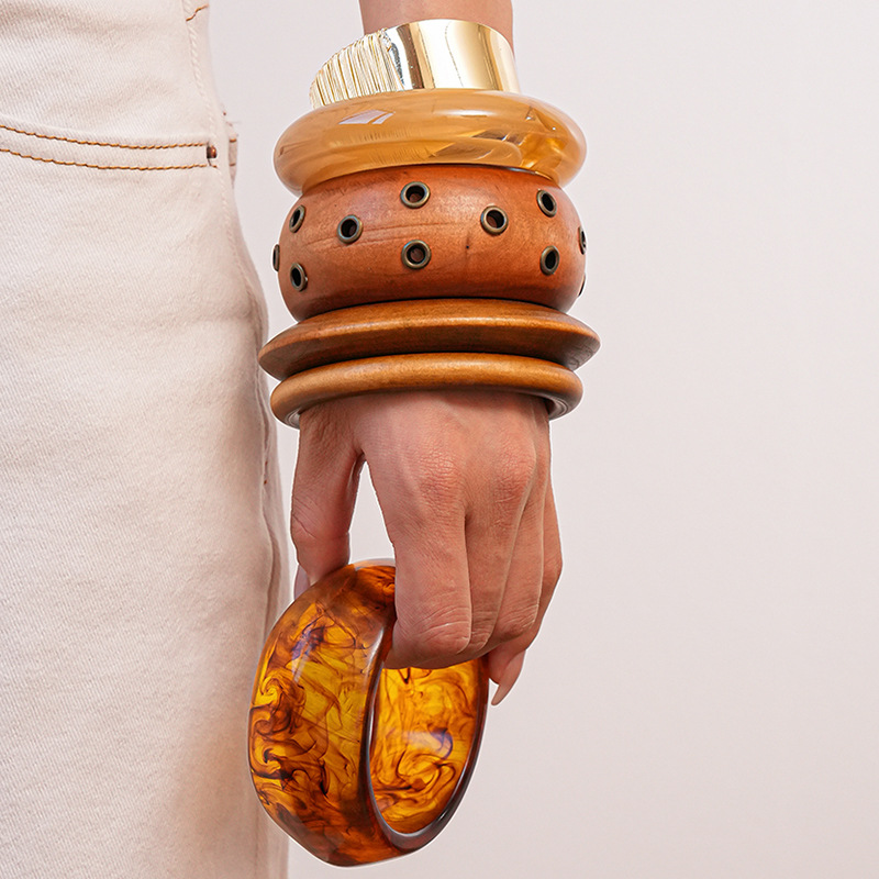 European and American Cross-Border Coffee-Colored Wood Geometric Resin Bracelet, Personalized Trendy High-End Bracelet, Exaggerated Fashion Bracelet for Women