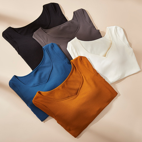 Warm autumn and winter cup all-in-one underwear with chest pad, thickened German velvet, heated acrylic, brushed long-sleeved women's autumn top