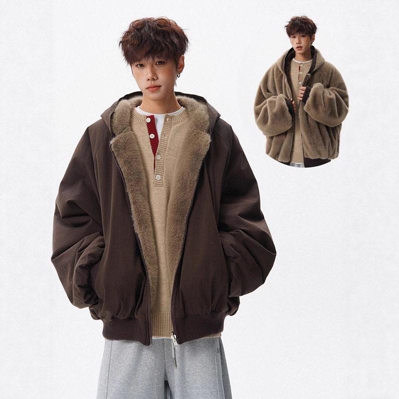 美式潮牌两面穿仿兔毛连帽棉衣男冬季复古百搭痞帅保暖棉服外套