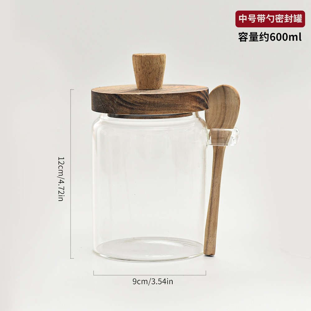 Tanque de vidrio sellado japonés, tanque de almacenamiento de granos de café doméstico con botella de condimento de cuchara de madera, tanque de almacenamiento de alimentos de cocina mayorista