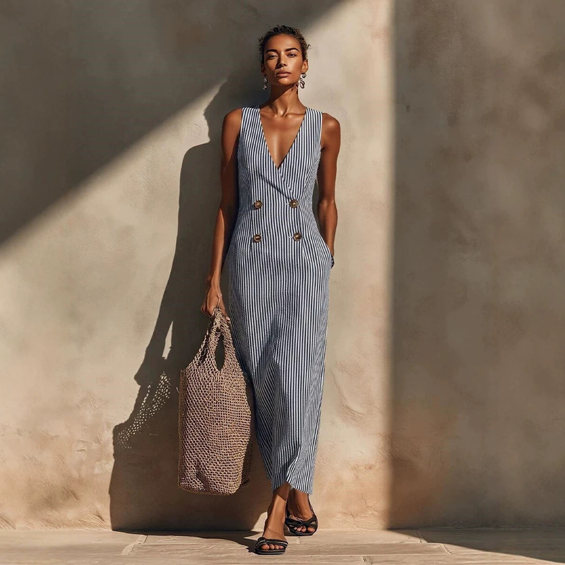 Cross-Border 2026 European and American Independent Foreign Trade Elegant Striped Button Fashion Long Dress with a Refined and Stylish Design for Women Cross-Border 2026 European and American Independent Foreign Trade Elegant Striped Button Fashion Long Dress with a Refined and Stylish Design for Women