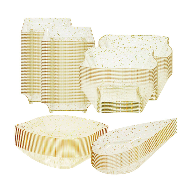 Juego de vajilla desechable transfronterizo con vasos de mousse con puntos dorados, mini platos de aperitivo de varios estilos, tazones de postre y platos, juego combinado de vajilla image 5