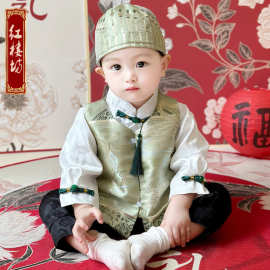 新中式男宝春夏周岁礼服喜庆生日宴百天抓周服儿童唐装生日冠衣