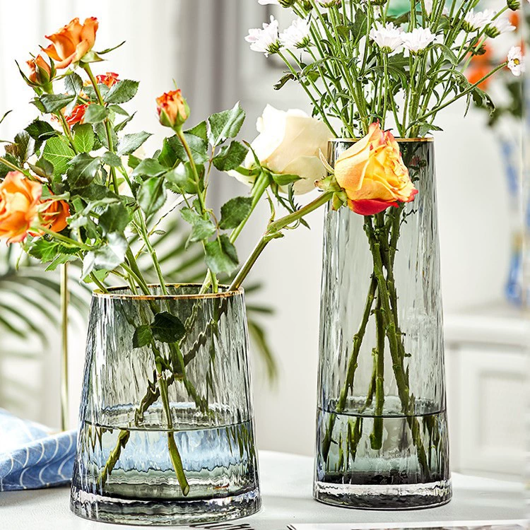 Простая скандинавская стеклянная ваза с узором под кору и золотым ободком для цветочных композиций в гостиной, ваза с вертикальными полосами для лилий и роз, прозрачное украшение.