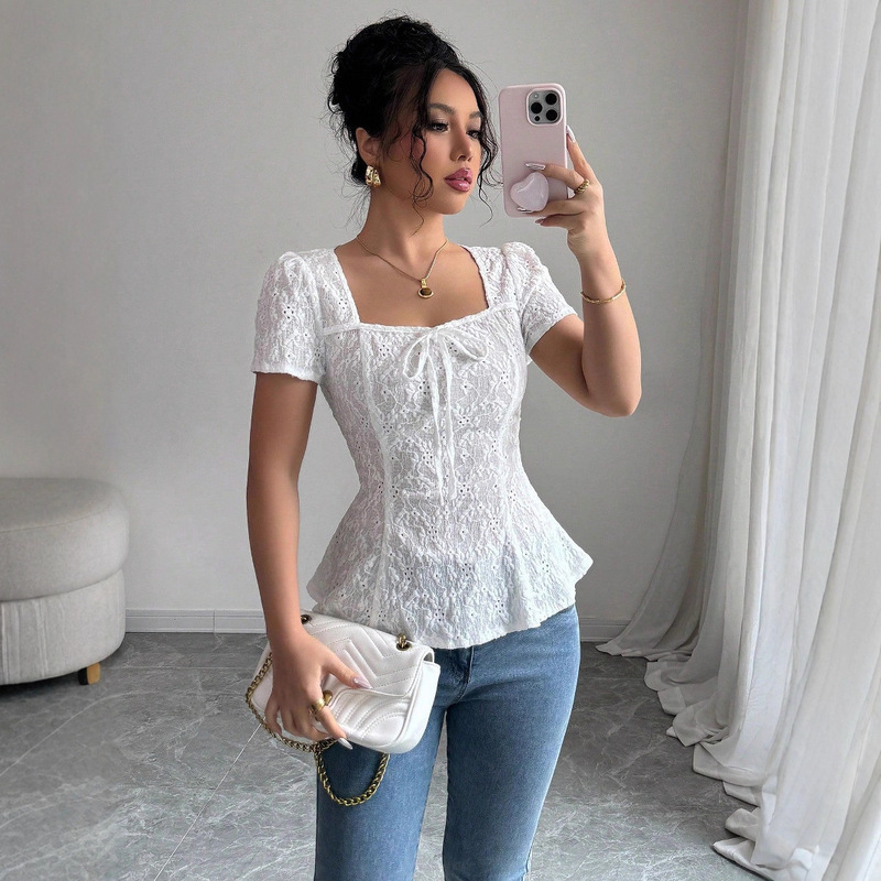 European and American Cross-Border Independent Website Women's Clothing Summer Fashion Elegant Casual Lace Shirt Square Collar Bow Short-Sleeved Top