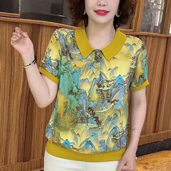 女性用の夏の薄いベビードールカラー半袖Tシャツ、ニッチな花柄、ファッショナブルで高貴な、スリムでエレガントな母親の服