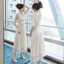 2025新款V领杏色长裙名媛气质修身裙子有女人味的蕾丝连衣裙