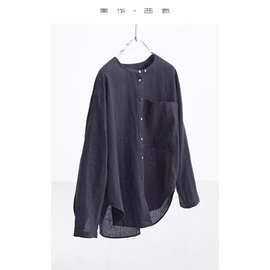 松弛简约文艺~圆领亚麻衬衫女透气宽松款春秋款禅修