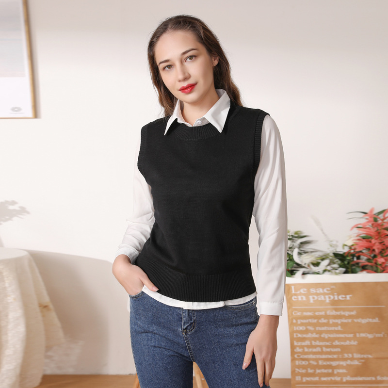 2023 Round Neck European and American New Style Cotton-padded Jacket Solid Color Women's Knitted Vest Sleeveless Spring and Autumn Sweater Vest Women's Clothing