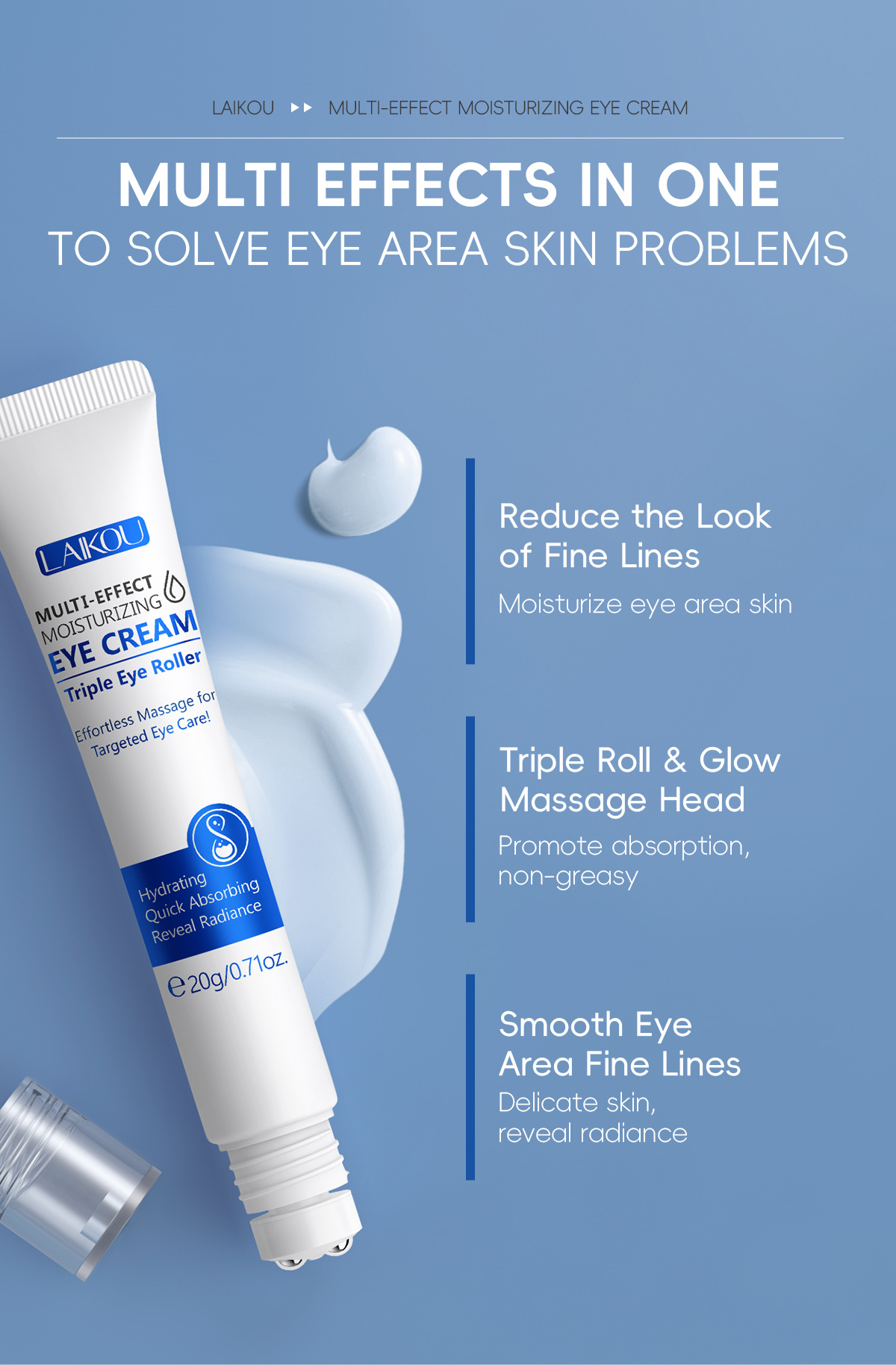 Cross-border LAIKOU Hydrating Roll-on Eye Cream 20g, eye moisturizing and eye care skin care product manufacturer supply undefined