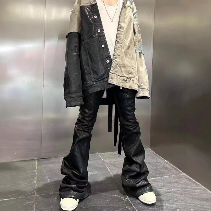 RO style 23ss niche dark brush wax coating pure black high elastic ribbon jeans wide leg micro flared pants for men