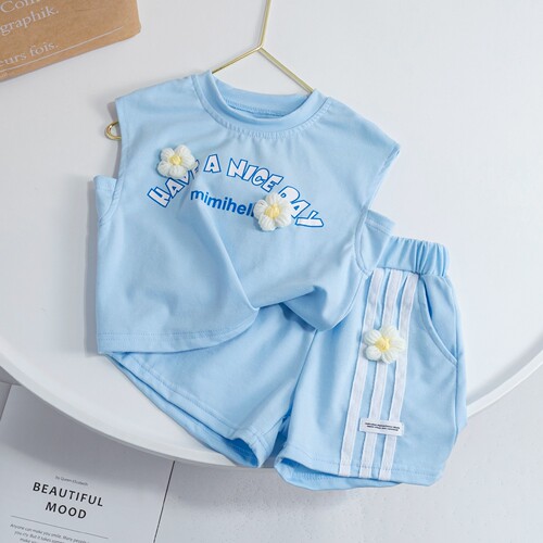 Girls Sleeveless Suit  New Summer Clothing Children's Shorts Cartoon Cat Thin Style Baby Girl Western Style Two-piece Set