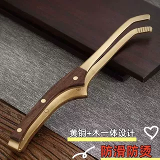 纯黄铜实木夹茶茶杯镊子茶具配件功夫铜制泡茶具洗杯夹加厚防滑