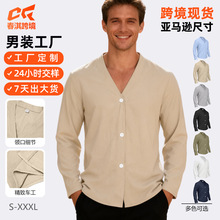 25跨境欧美亚马逊TEMU秋季新款男士休闲纯色针织纽扣开衫长袖衬衫