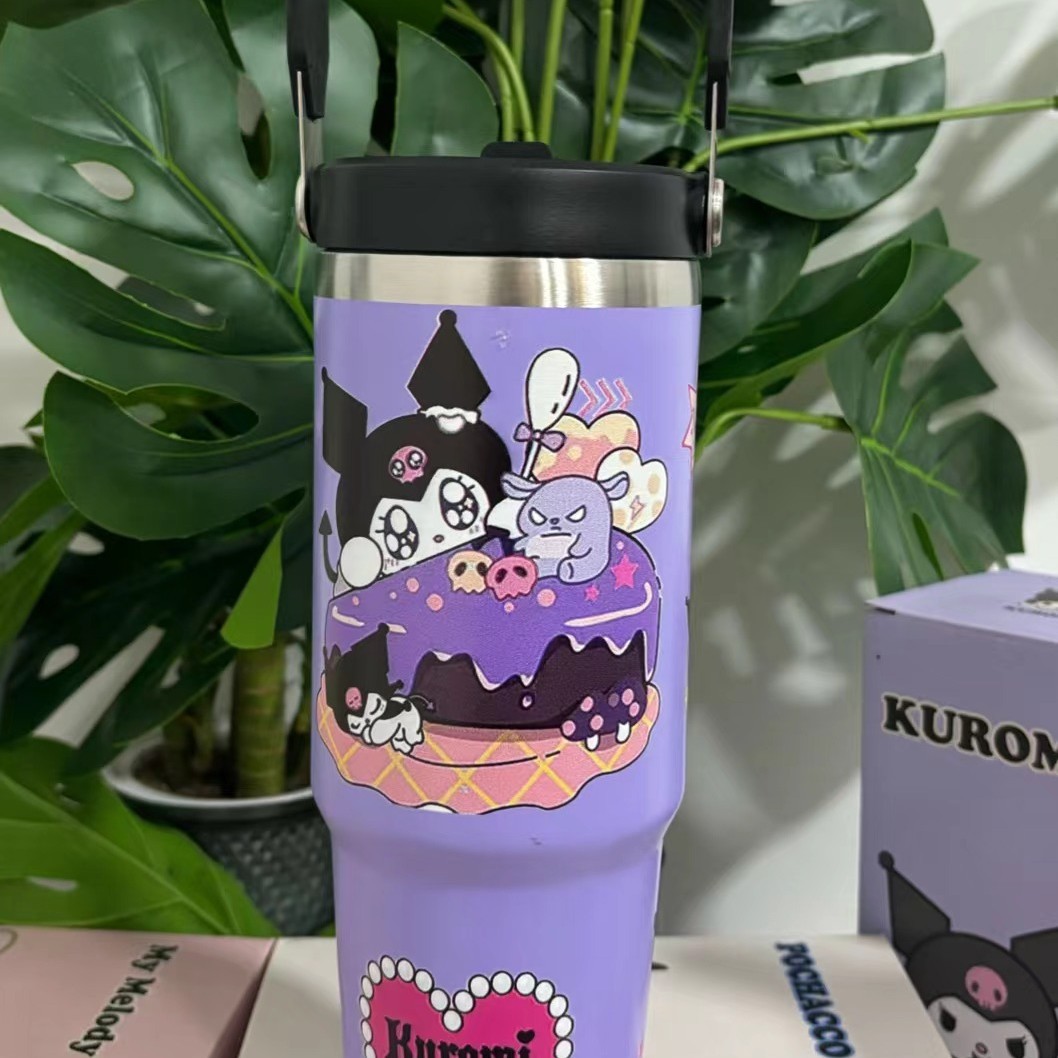 Nuevo 30oz taza de coche patrón de dibujos animados de gran capacidad de acero inoxidable termo de vacío taza de alta apariencia portátil mango de hielo