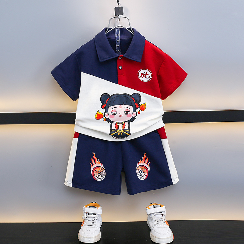7201 Nezha verano niños dibujos animados POLO camisa pantalones cortos de manga corta para niños 2025 nueva ropa deportiva para bebés