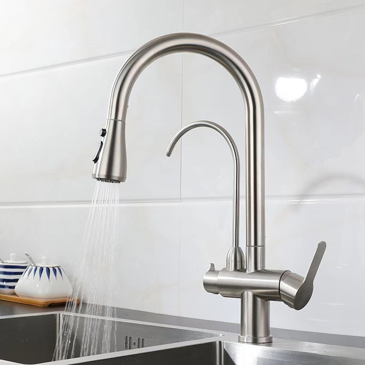 Grifos de agua caliente y fría de extracción de cocina 3 - en - 1 grifos de agua potable recta pura lavabo lavavajillas lavabos