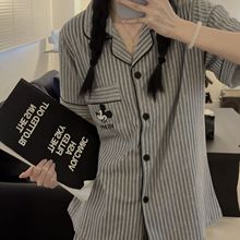 高级感卡通条纹睡衣女纯棉夏季ins风韩版短袖家居服两件套可外穿