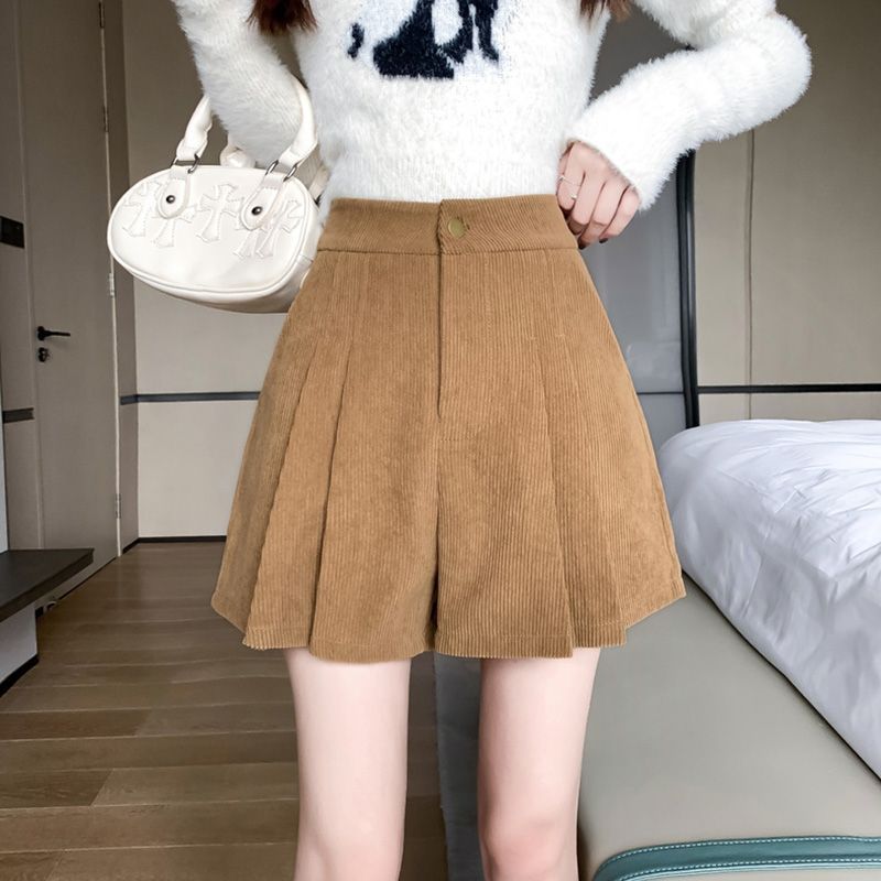 春装灯芯绒休闲短裤女外穿2025韩版新款高腰a字显瘦宽松阔腿裙裤