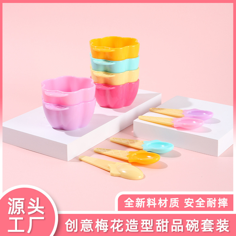 Candy-Colored Petal Bowl, Cute Children's Bowl and Spoon Set, Sweet Girly Style Ice Cream Dessert Bowl, Plastic Fruit Bowl