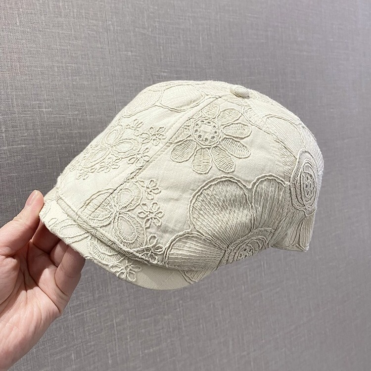 薄い刺繍入りフラワーフロントハット女性用春と夏の新しいレトロな多用途の小さなアヒルの舌ベレー帽通気性|undefined