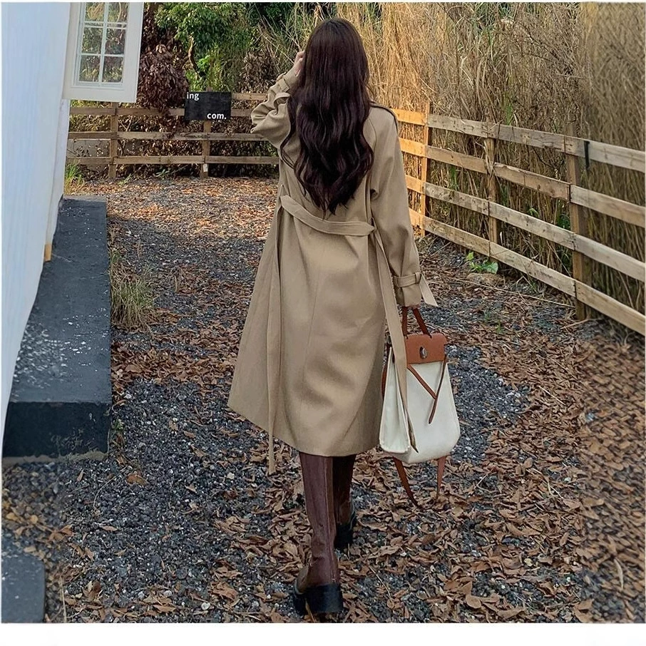 Trench coat for teens, Korean style mid‑length double‑breasted jacket, autumn, khaki and black