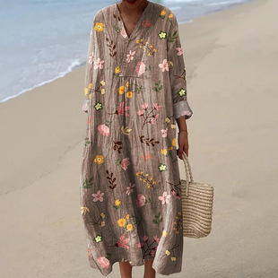 Independent Site European and American New Autum Long-Sleeved Dress Plus Size V Neck Creative Casual Long-Sleeved Loose Dress