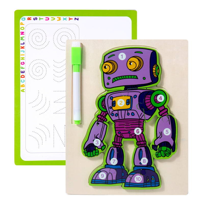 Junta de dibujo de rompecabezas robot multifuncional de madera cuerdas cuentas animales frutas tablero de coincidencia de tráfico para niños pequeños
