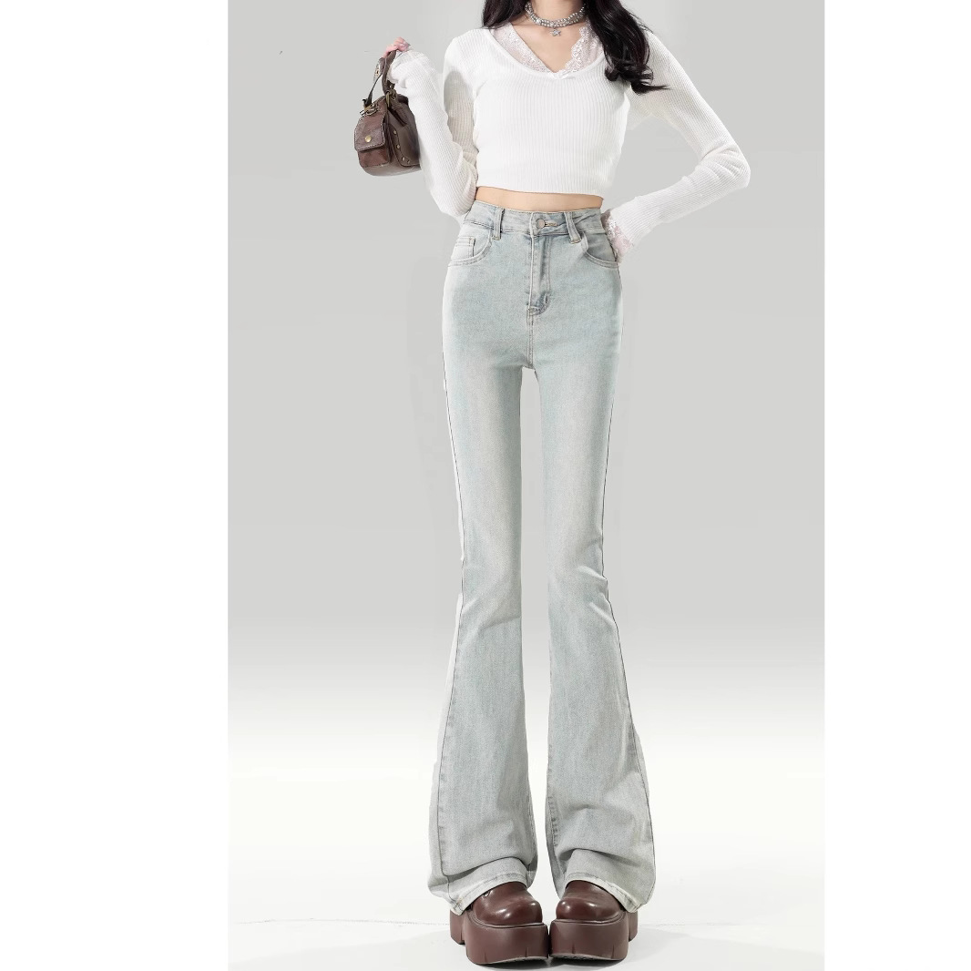 Light-colored American-style Micro-flared Jeans Women's New High-waisted Slim-fit Tight Stretch Little Men's Water-washed Blue Horseshoe Pants