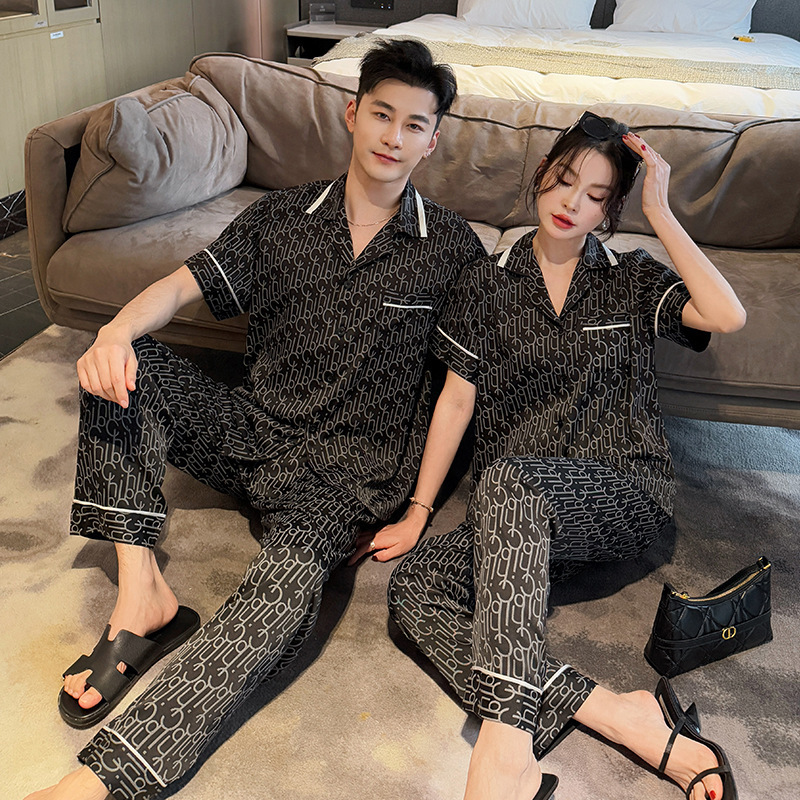 源头厂货2025情侣冰丝睡衣女春秋季短袖大码翻领开衫套装网红直播