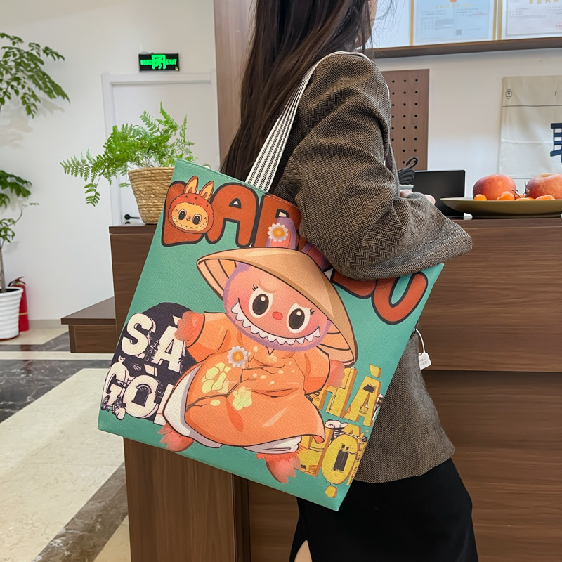 Canvas Bag Large Capacity Women's Bag Cartoon Tutoring Bag Shoulder Bag Handbag 2025 Cross-Border E-Commerce Hot Item Commuting Woven Bag