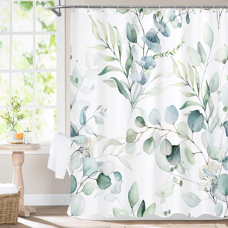 Cross-Border Shower Curtain Sage Green Spring Floral Shower Curtain Digital Printing Bathroom Toilet Waterproof and Mildew-Proof Partition Curtain