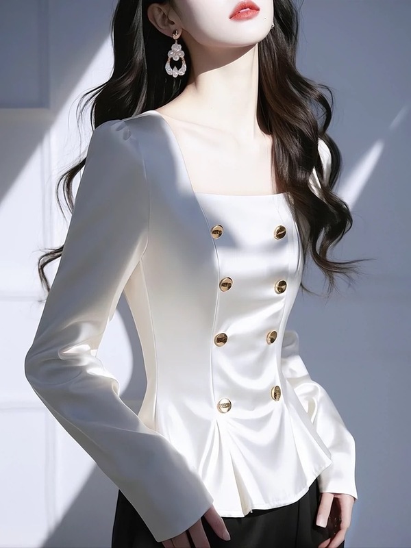 白色缎面衬衫高级感轻奢超好看独特漂亮气质方领长袖上衣女2025秋|undefined