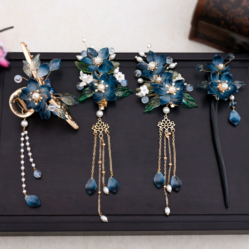 Hanfu аксессуары для волос синий зажим детский шаговый встряхивание античный головной убор заколка для волос в бессмертном стиле сбоку весенне-летний зажим для волос древняя заколка для волос