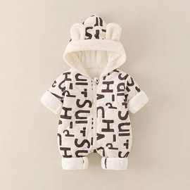 婴儿衣服秋冬装加棉新生男宝宝连体衣冬季加绒保暖衣连帽爬服棉服