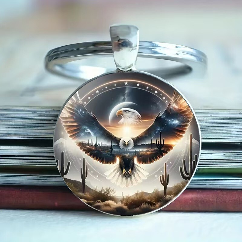 European and American Foreign Trade Hot-Selling Eagle Pattern Round Glass Alloy Keychain Pendant Holiday Gift European and American Foreign Trade Hot-Selling Eagle Pattern Round Glass Alloy Keychain Pendant Holiday Gift