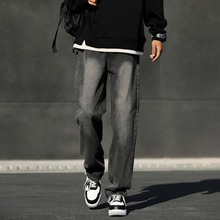 跨境新款复古牛仔裤男春秋季新款美式高街加绒裤子直筒休闲长裤子