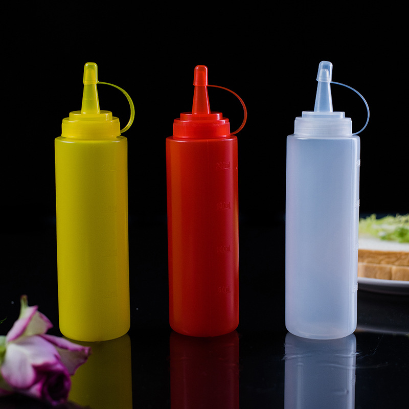 Botella de condimento botella de salsa de ensalada de plástico salsa de tomate botella de exprimido botella de condimento de barbacoa botella de salsa botella de condimento de olla de aceite
