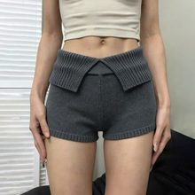 外贸独立站美式复古辣妹风翻边毛织裤简约灰色修身显瘦基础款短裤
