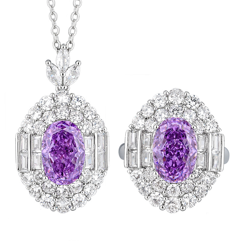 Otoño e invierno nuevo estilo Zhuangsheng conjunto de joyas con alto contenido de carbono diamante hielo flor de cobre cortado con incrustaciones de diamantes rosas profundas piedra principal 8*12