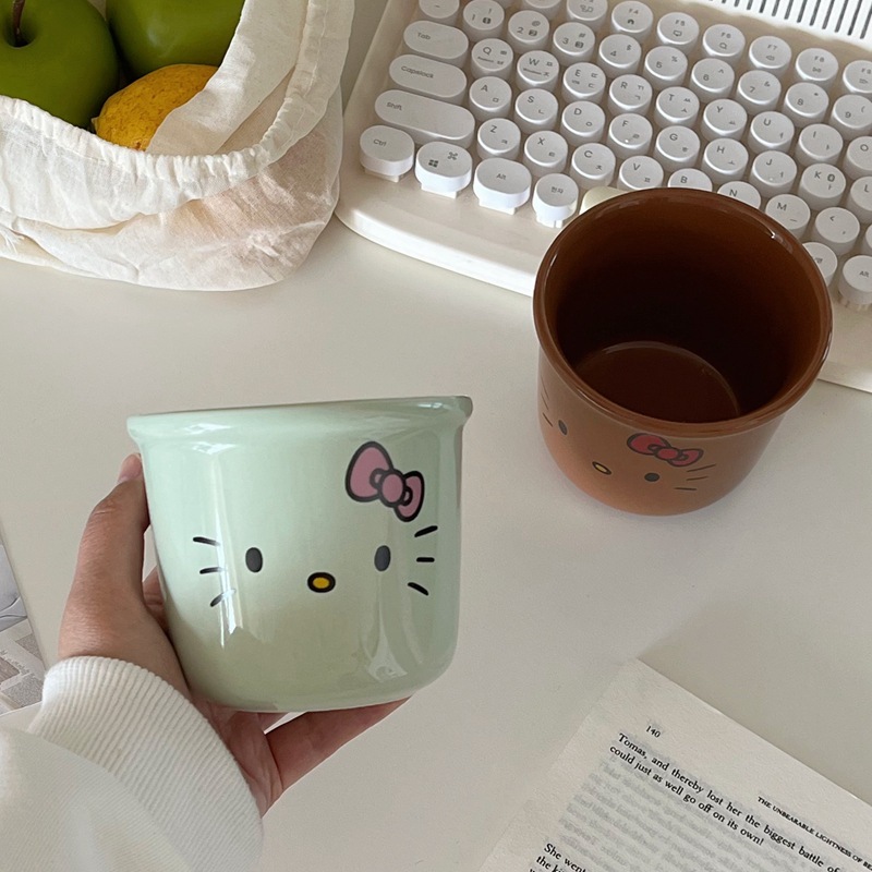 インスタイルブラックレザーktセラミックカップマグホームコーヒーカップクリームハローキティガールハートカップ|undefined