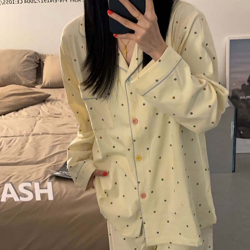 Ins Cotton Colorful Polar Dot Pajamas Women's Spring Cardigan Long-sleeved Trousers Cotton High-grade Comfortable Home Clothes Set