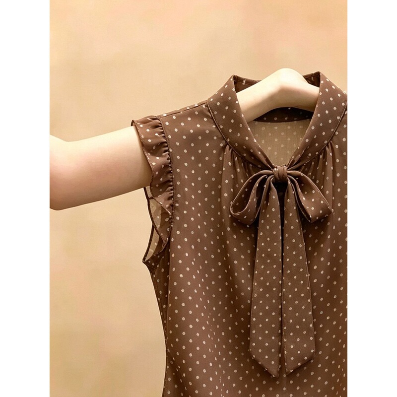 Retro-Style Polka-Dot Bow-Tie Shirt for Women, New Summer Style, French-Style, Slimming, Versatile Top, Trendy
