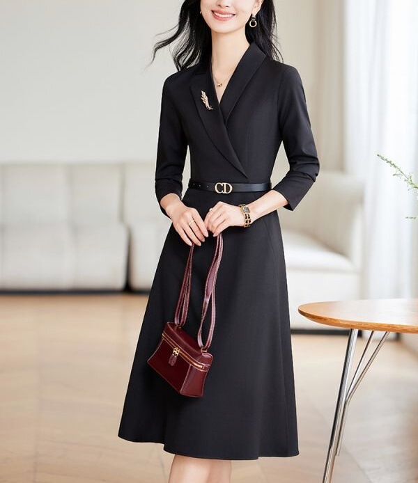 主持人西装连衣裙演讲服装女杏色商务正装礼服时尚收腰正装西装裙|undefined
