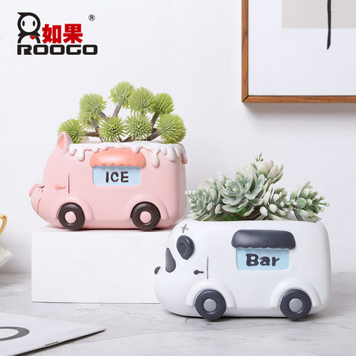 Animal camping car succulent flower pot creative personality office desktop decoration potted plant pot ornaments