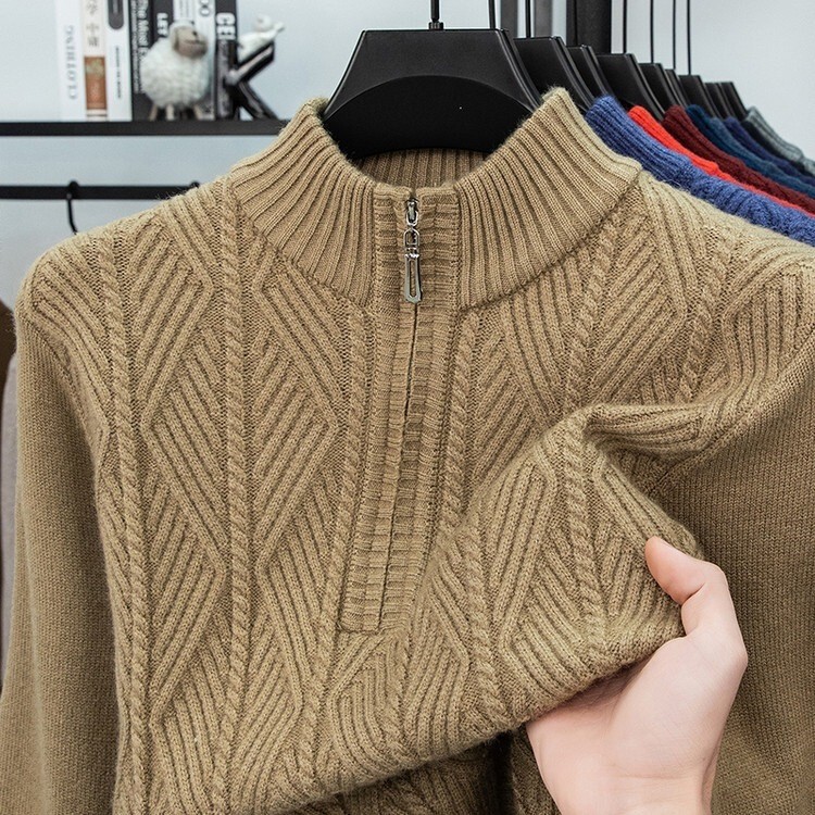 Half-zip stand-up collar jacquard long-sleeve knit sweater for men, winter warm and thickened, old money style base layer wool sweater