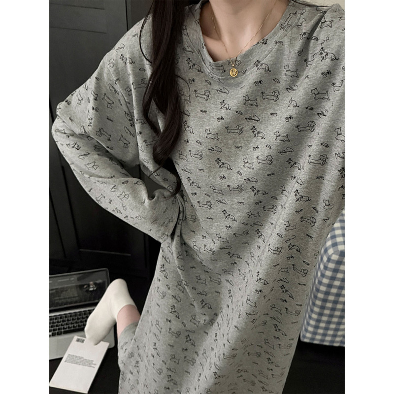 满印波点睡衣女春秋款纯棉简约风长袖睡裙秋冬季可外穿2025家居服|undefined