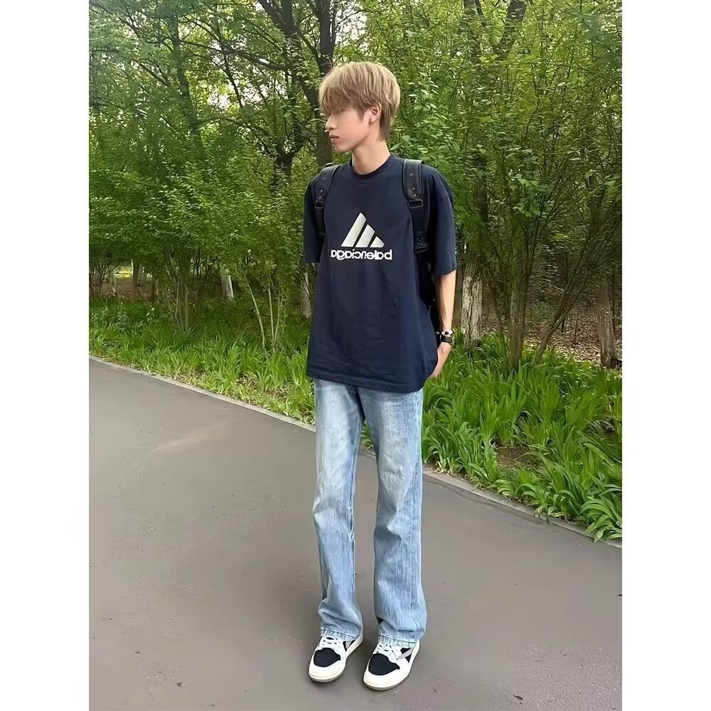 light blue Scimitar Jeans Boys Straight Slim-fit Belt 2024 Autumn New American High Street Micro-pants